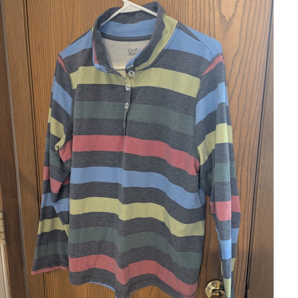 Croft & Barrow Striped Henley Mock Neck Pullover Top Multi Color Preppy Casual L